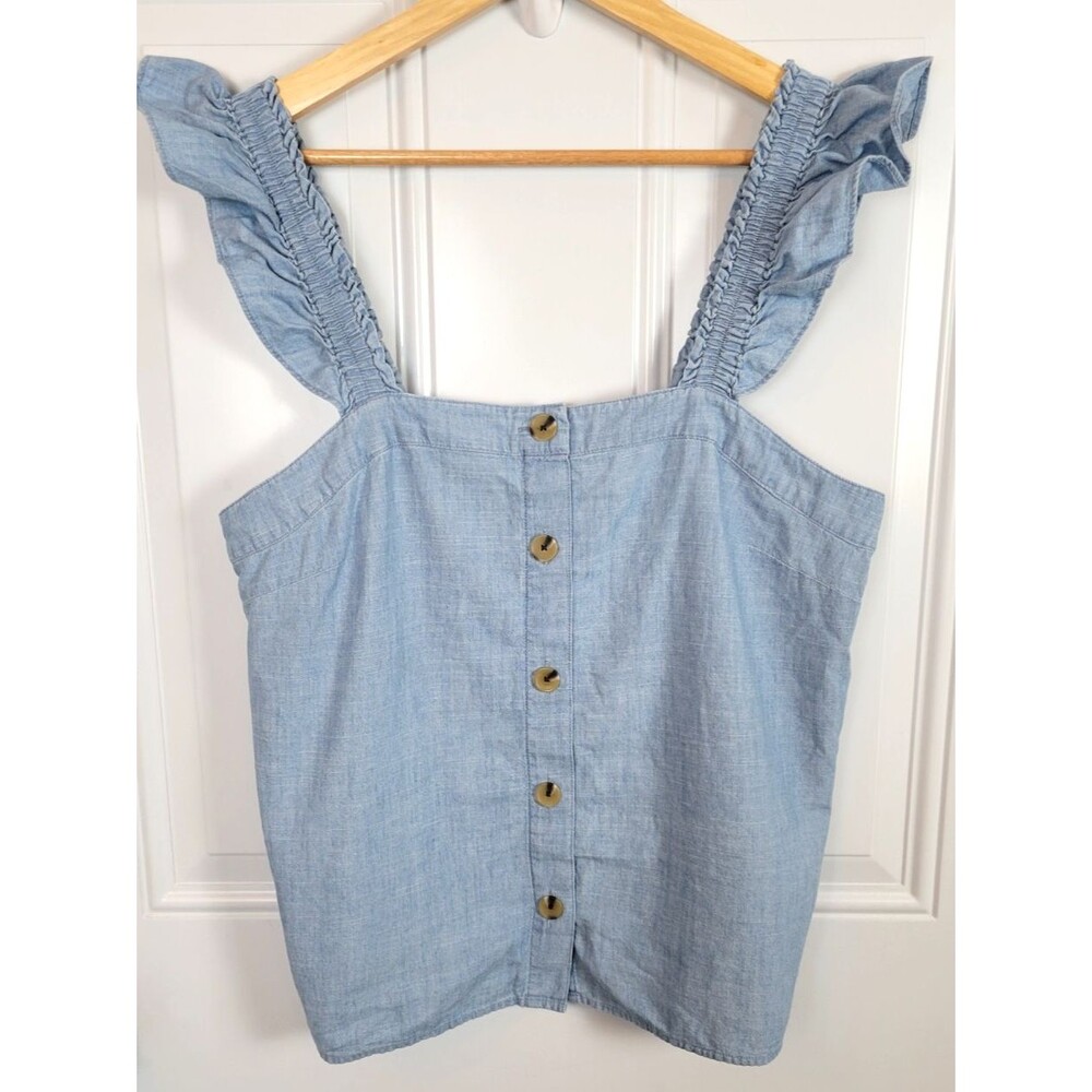 J. Crew Light Blue Ruffle Strap Button-Front Tank - Picture 2 of 6